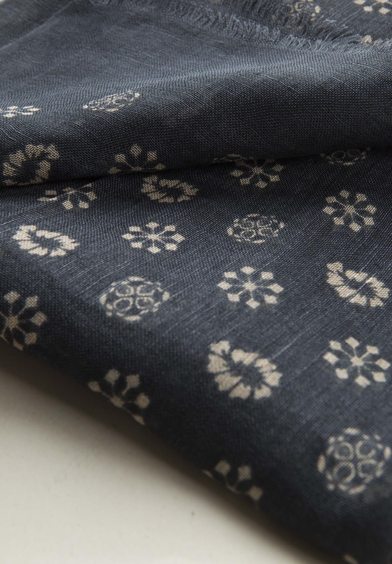 Dark blue scarf beige pattern linen modal