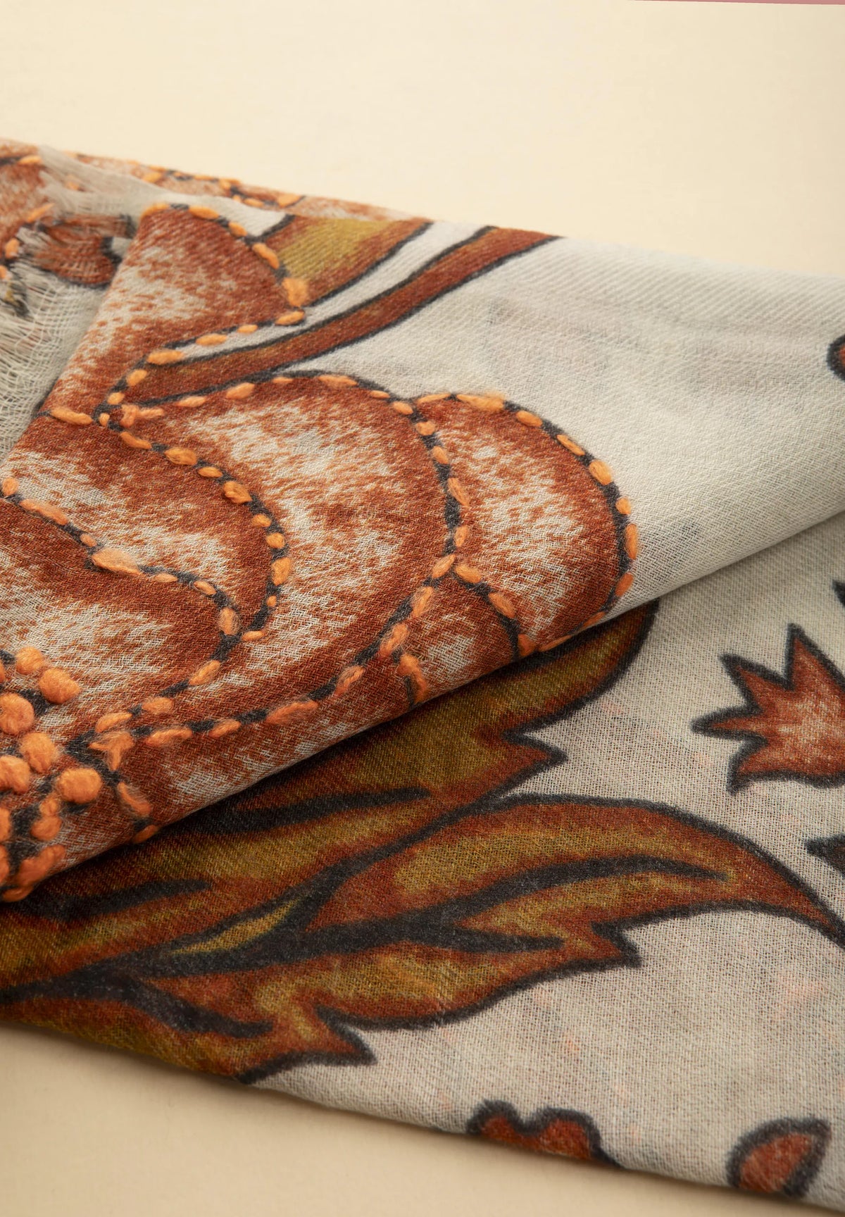 Embroidered Wool Scarf - Cream/Orange Angelico 3