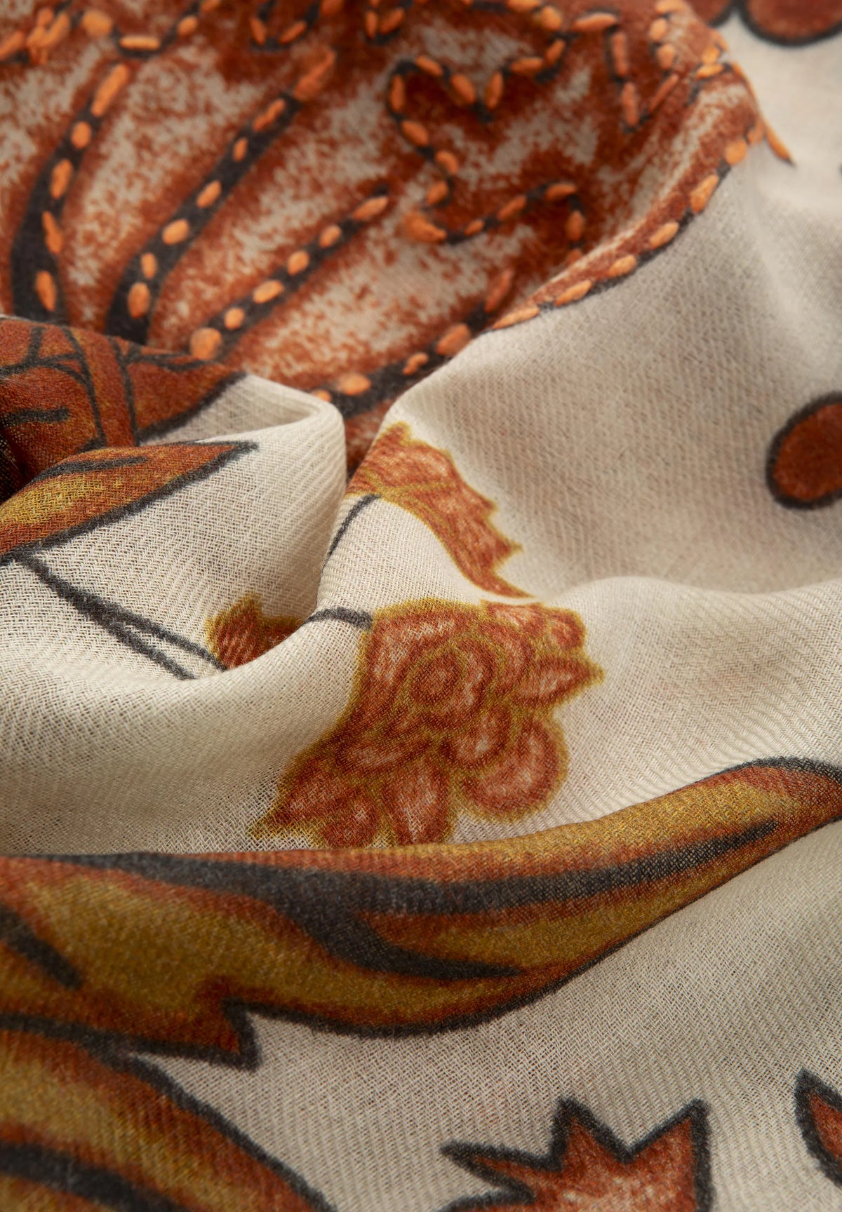 Embroidered Wool Scarf - Cream/Orange Angelico 2