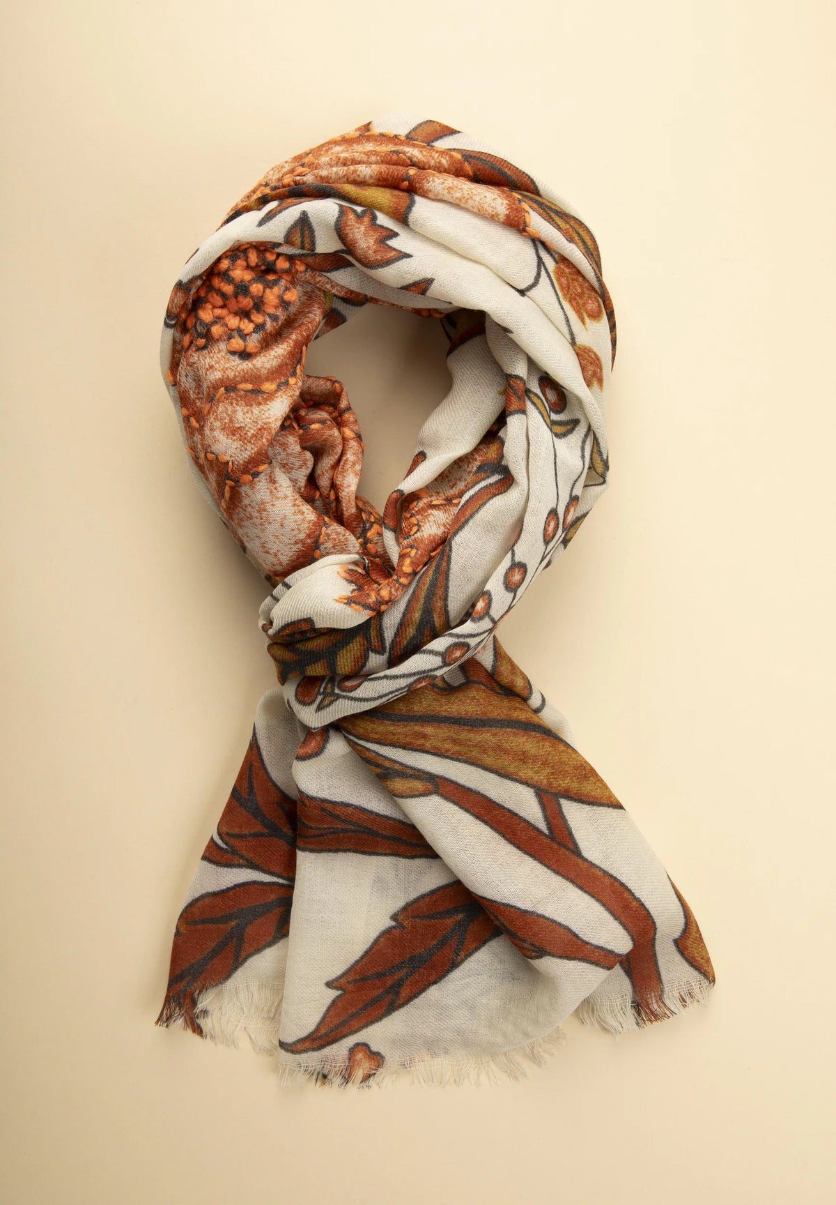 Embroidered Wool Scarf - Cream/Orange Angelico 1