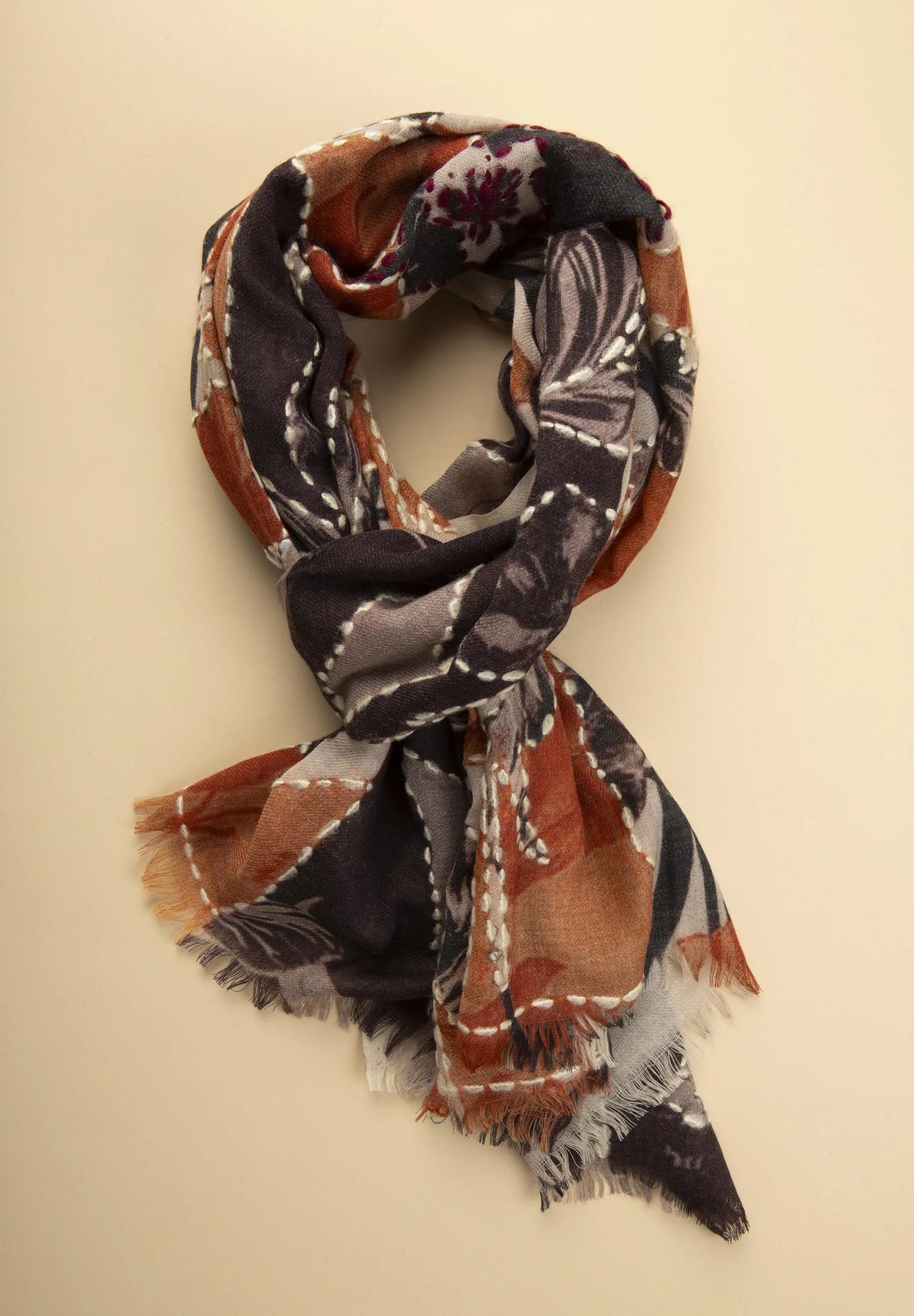 Embroidered Wool Scarf - Rust/Beige Angelico 1