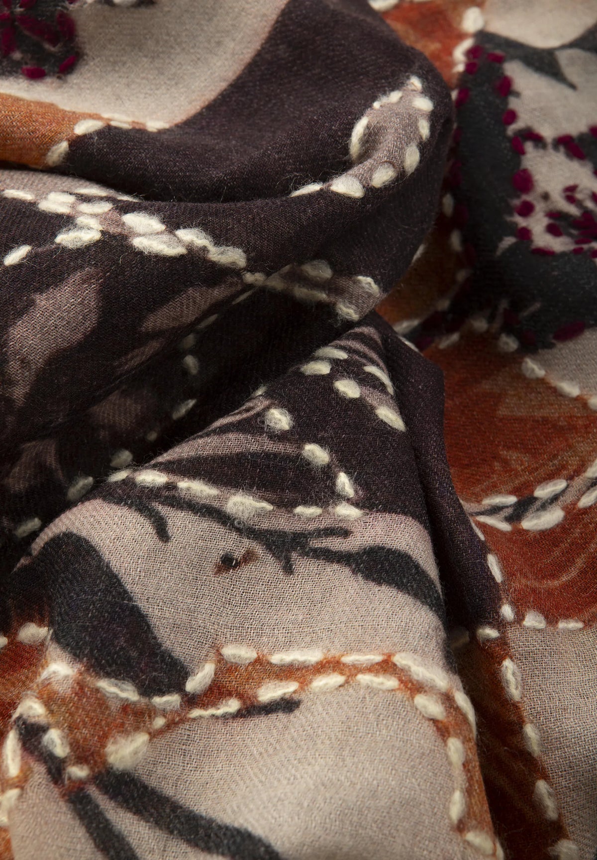 Embroidered Wool Scarf - Rust/Beige Angelico 3
