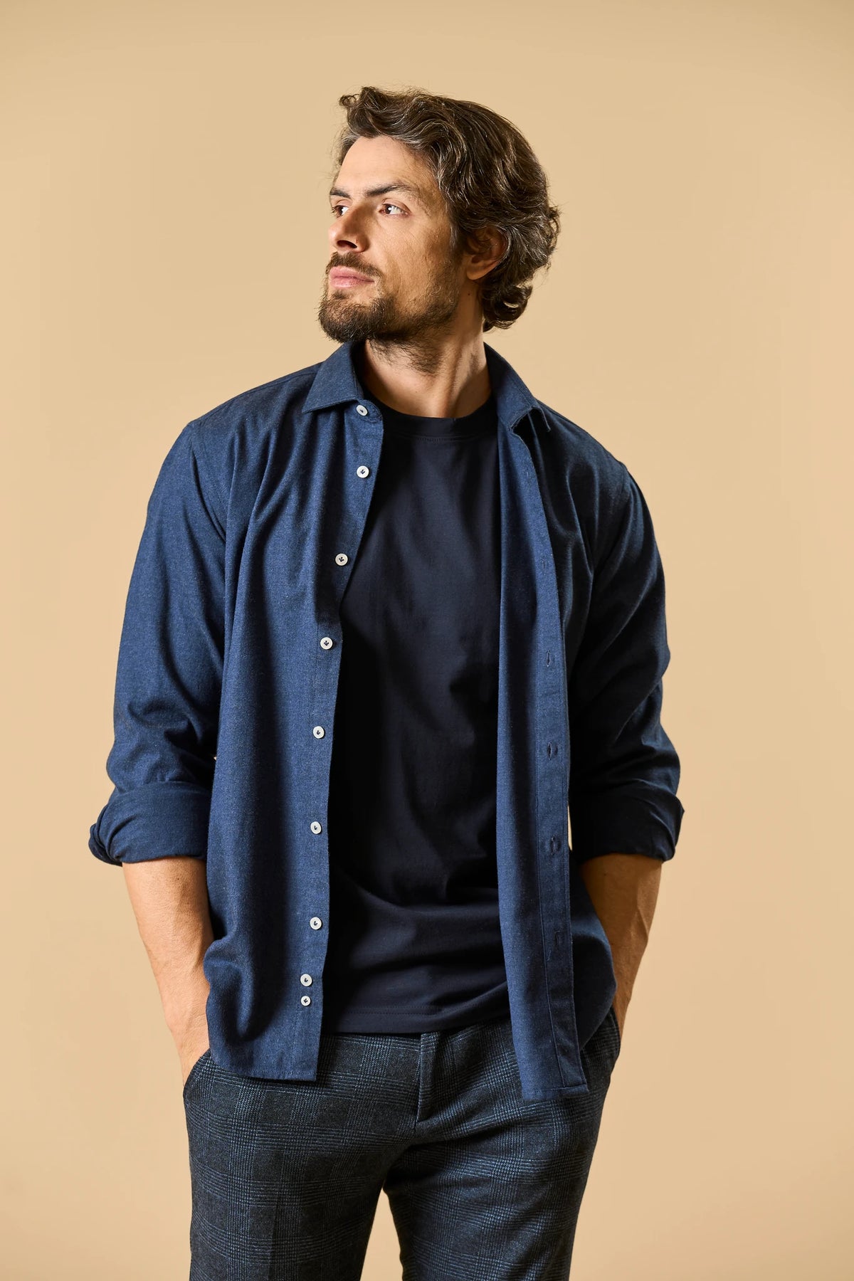 Camicia blu flanella cotone custom fit Angelico 3