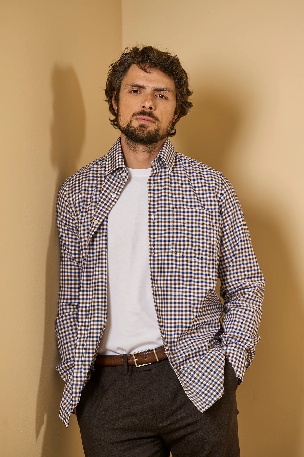 Camicia marrone bianco quadretti cotone regular fit Angelico 1