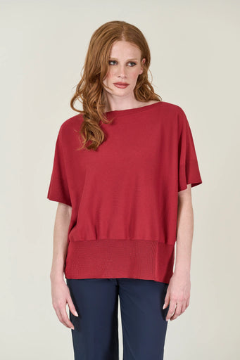 Red boat neck sweater with dropped sleeves and cotton