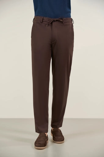 Brown technical wool trousers with drawstring