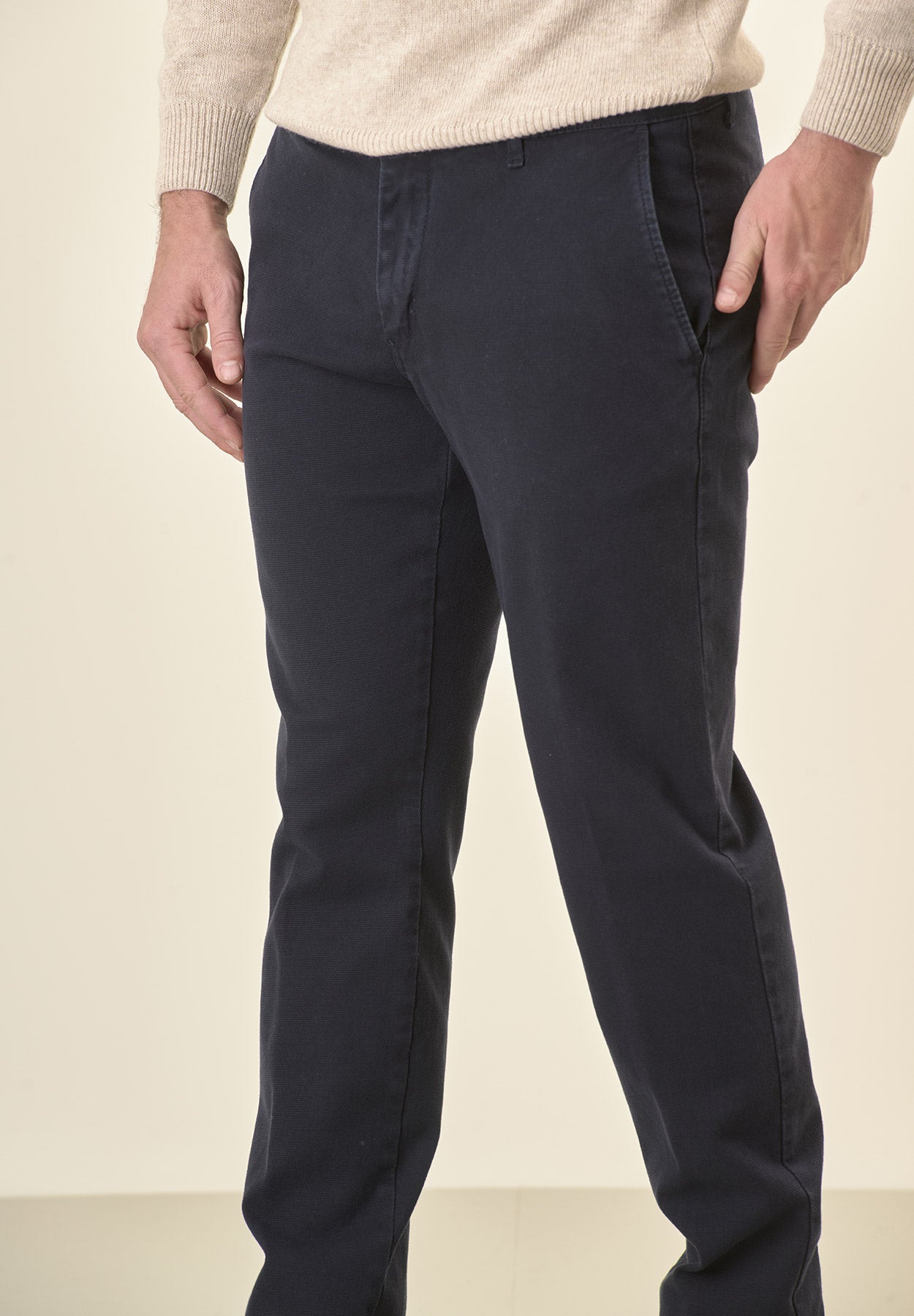 Pantalone blu microstruttura cotone stretch slim fit-Angelico