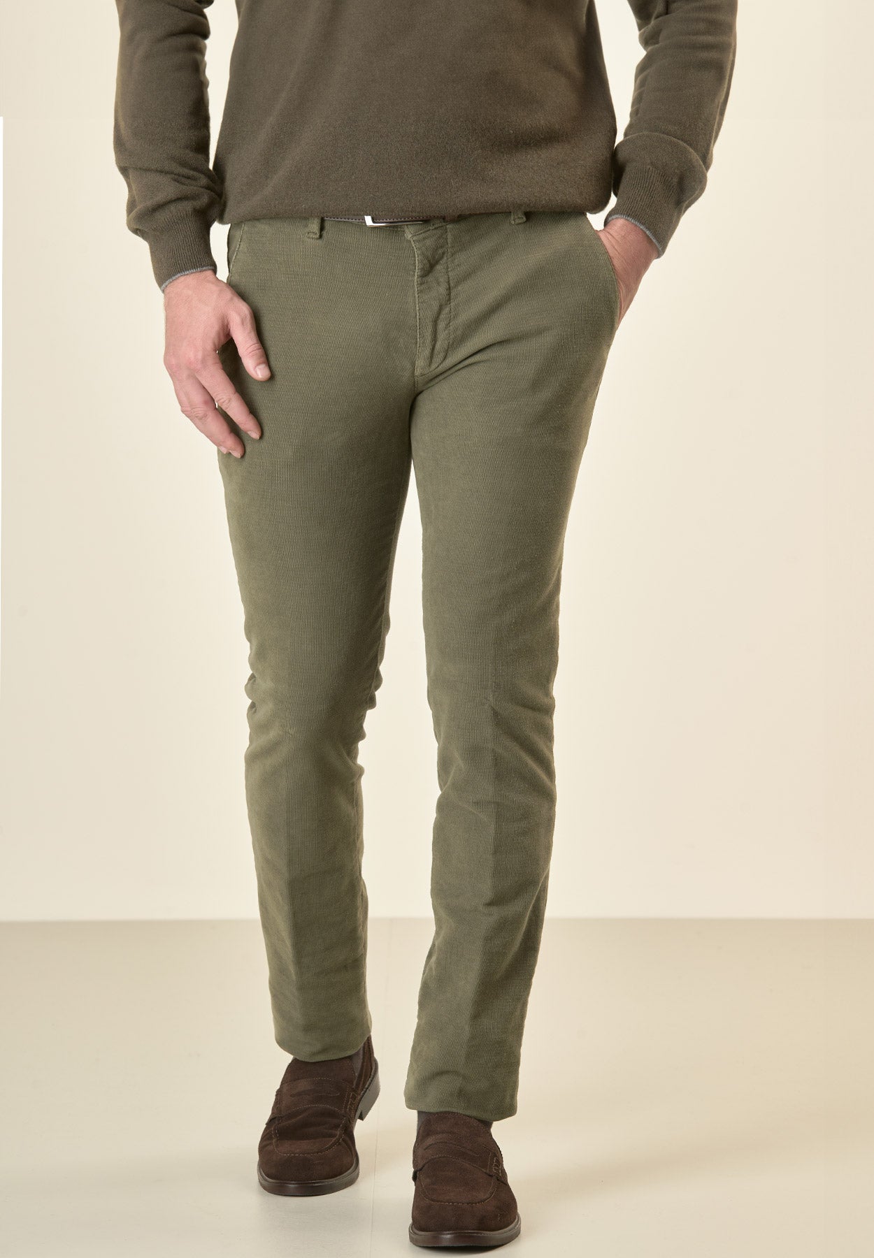 Angelico Pantalone verde fustagno jacquard cotone slim fit Online