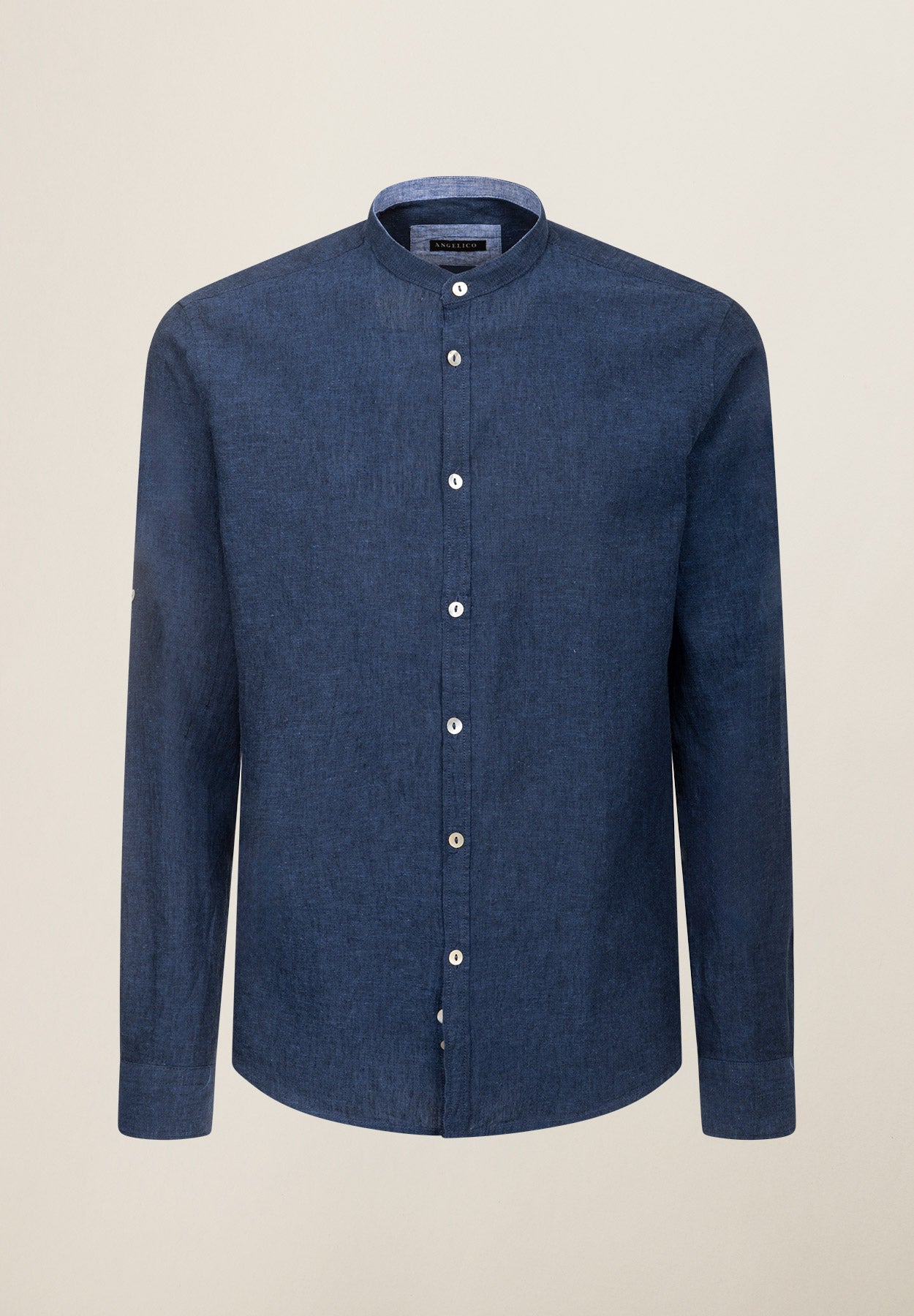 Camicia blu collo coreano cotone-lino slim fit