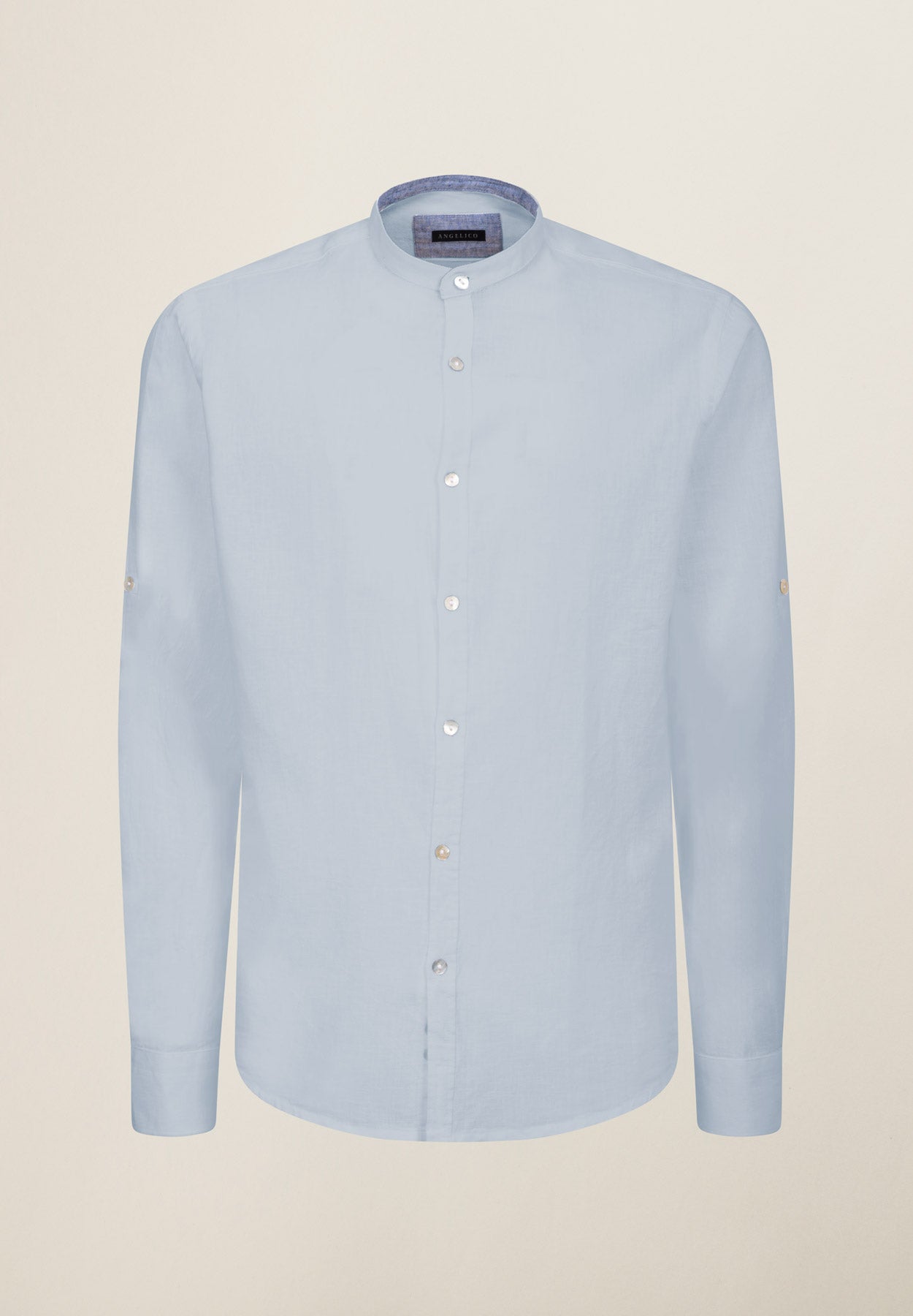 Camicia azzurra collo coreano cotone-lino slim fit