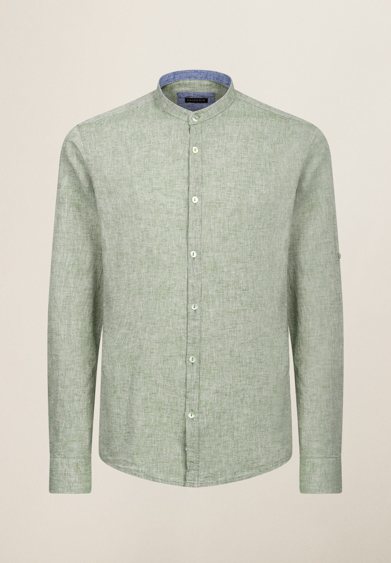 Grünes Slim-Fit-Hemd aus Baumwoll-Leinen mit Stehkragen