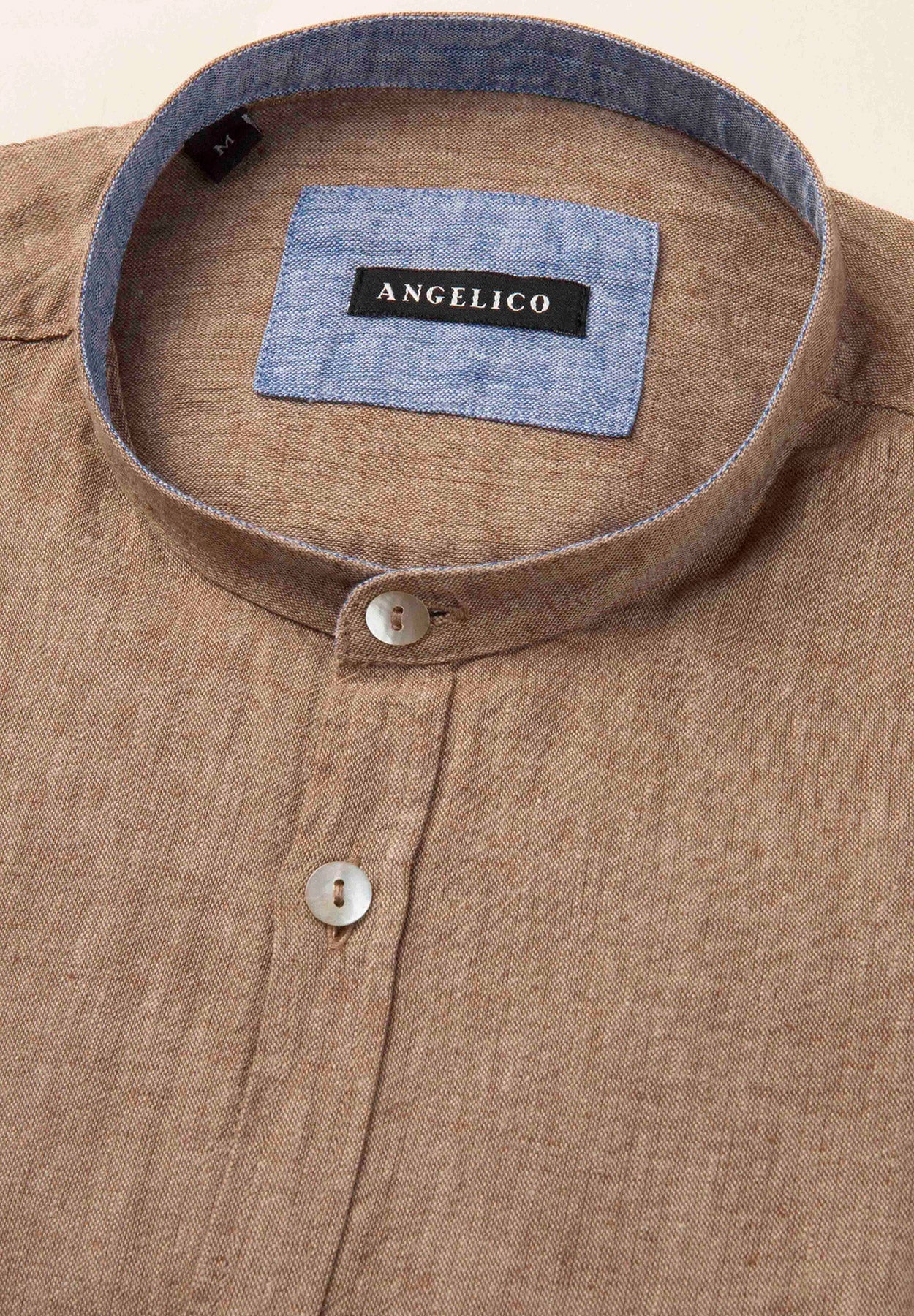 Camicia marrone collo coreano cotone-lino slim fit-Angelico
