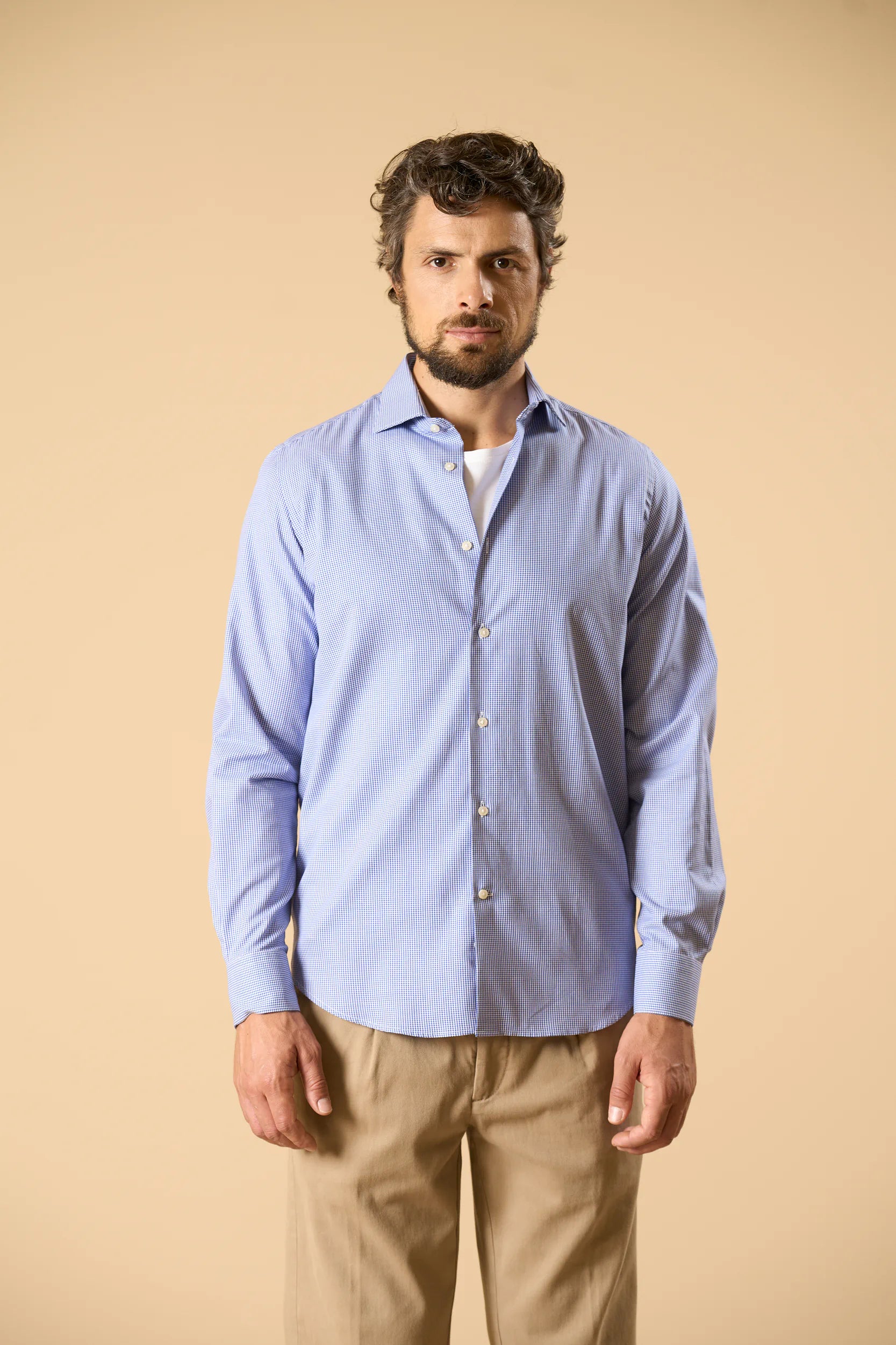 Camicia blu bianca vichy cotone regular fit Angelico 4