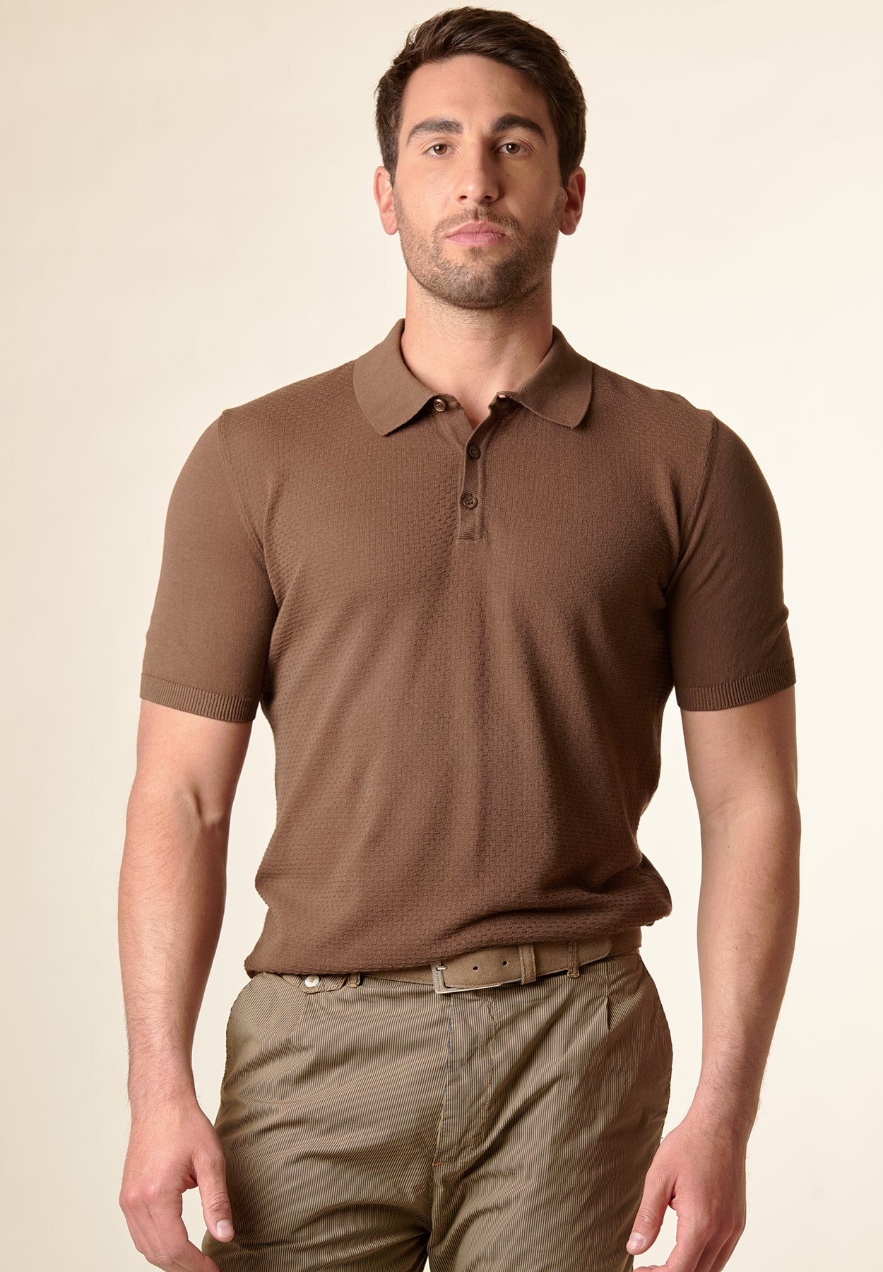 brown cotton textured polo shirt