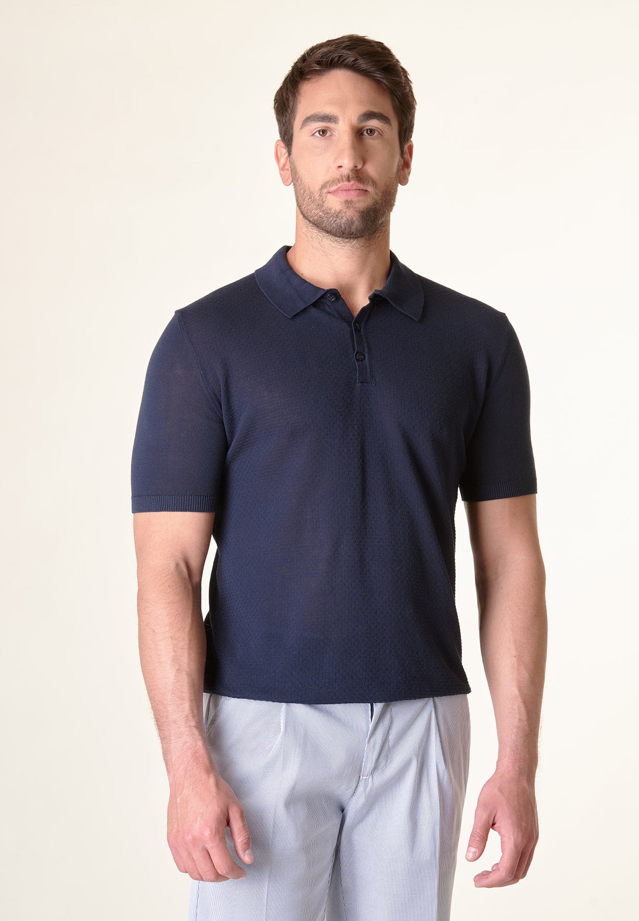 blue cotton textured polo shirt