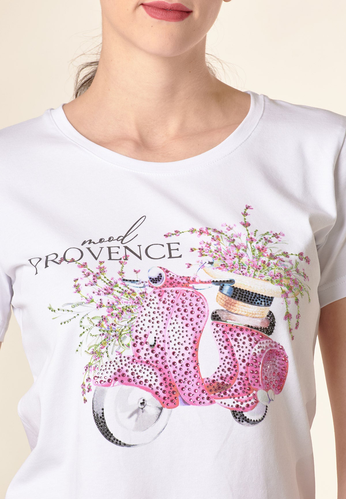 Rosa bedrucktes T-Shirt aus Stretch-Baumwolle