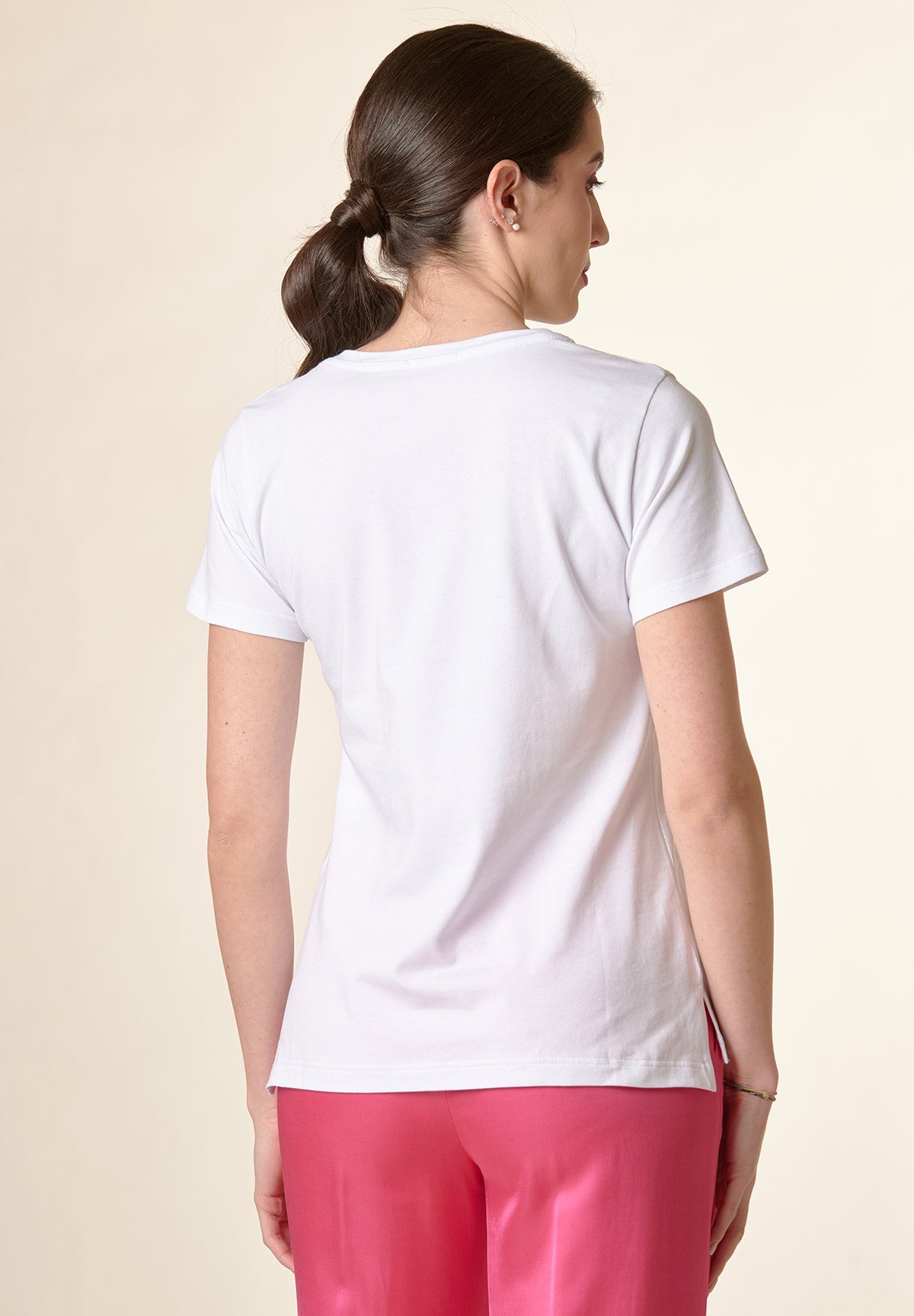 Rosa bedrucktes T-Shirt aus Stretch-Baumwolle