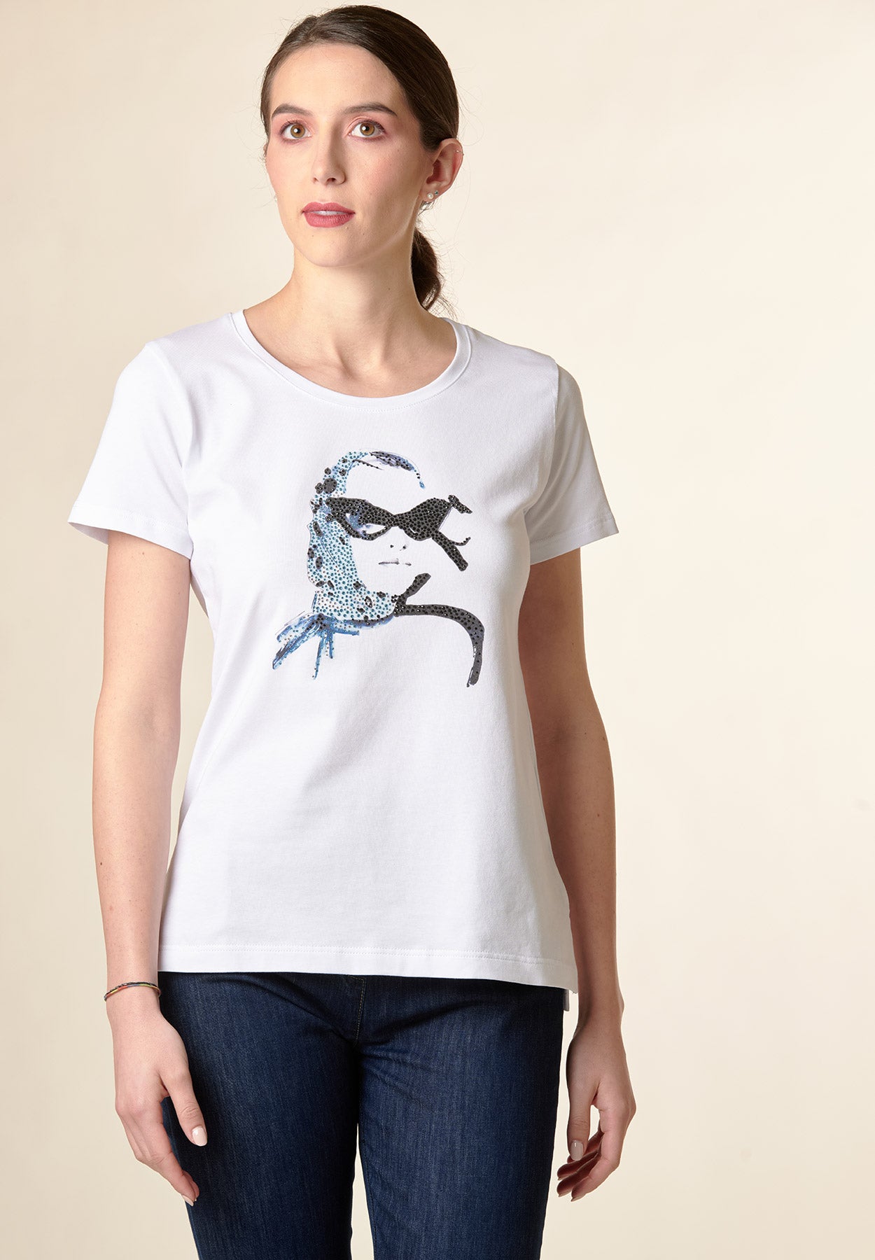 Hellblau bedrucktes T-Shirt aus Stretch-Baumwolle