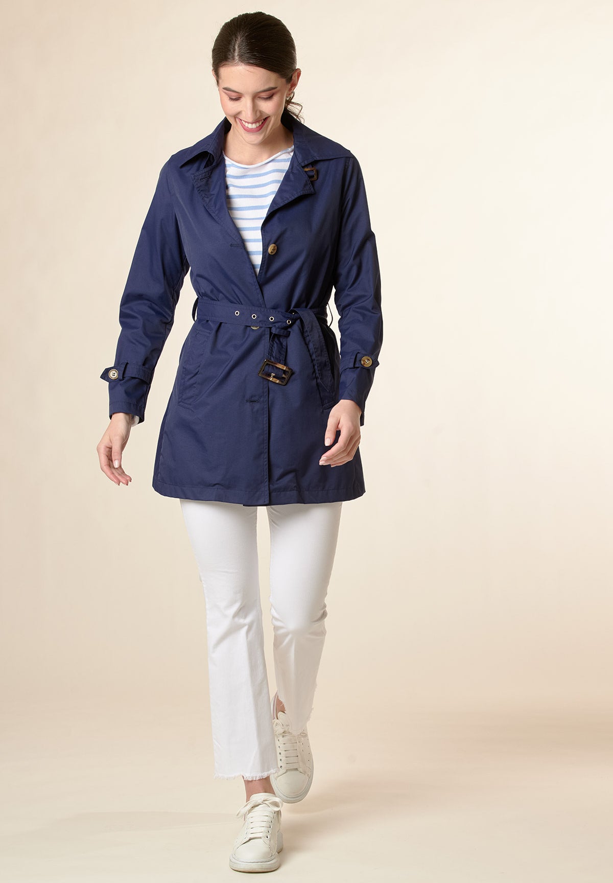 Technical blue trench coat with belt