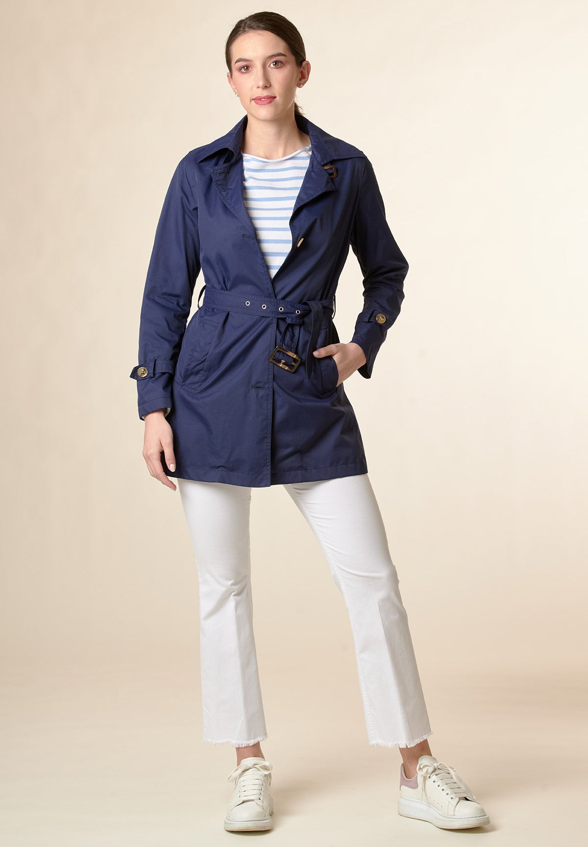 Technical blue trench coat with belt