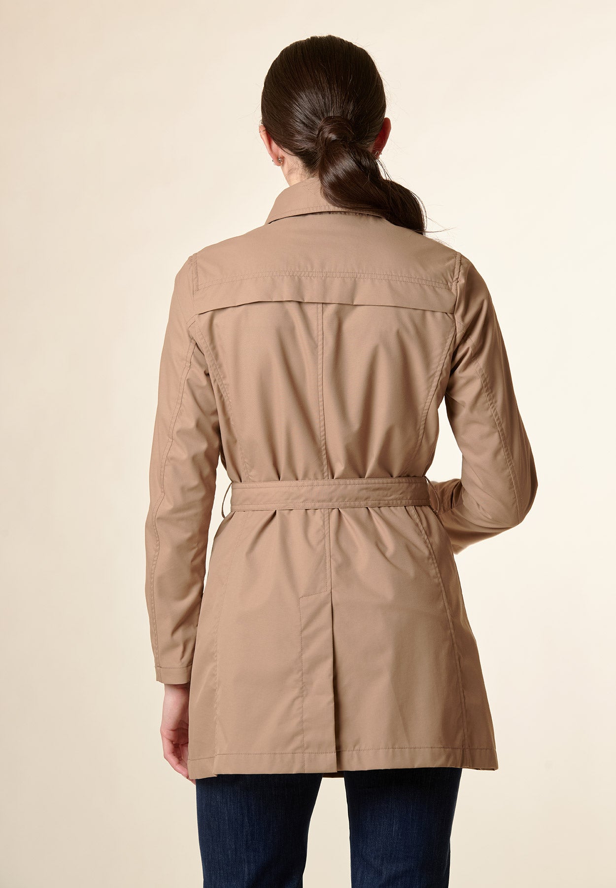 Technical camel trench coat with belt