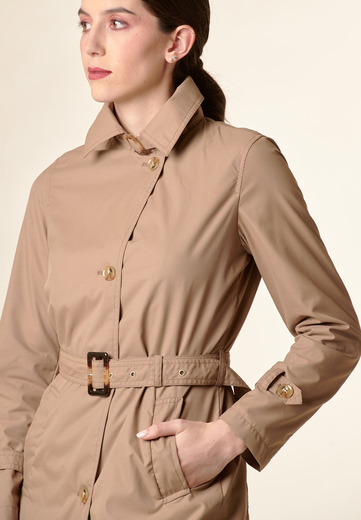 Technical camel trench coat with belt