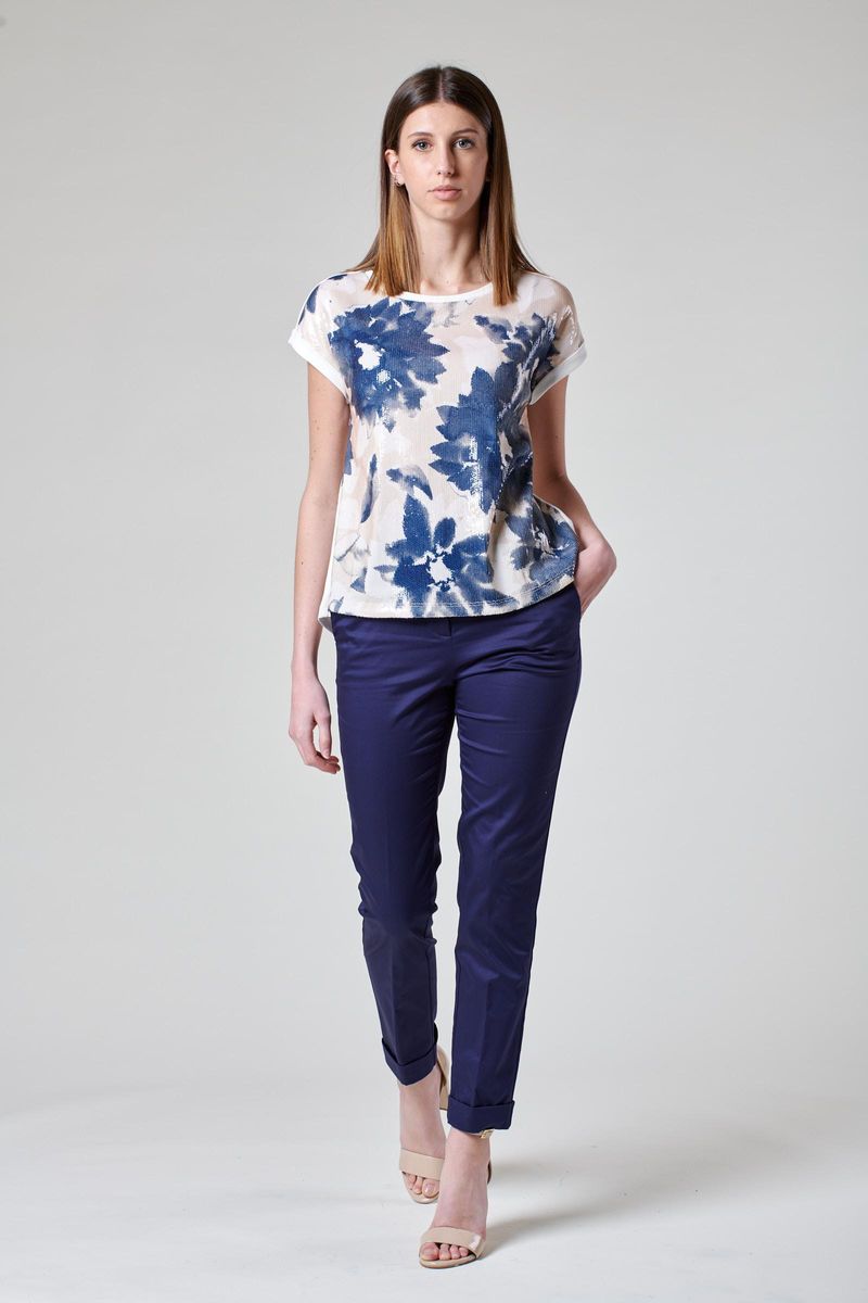 Angelico - T-shirt panna fantasia blu fiori paillettes - 1