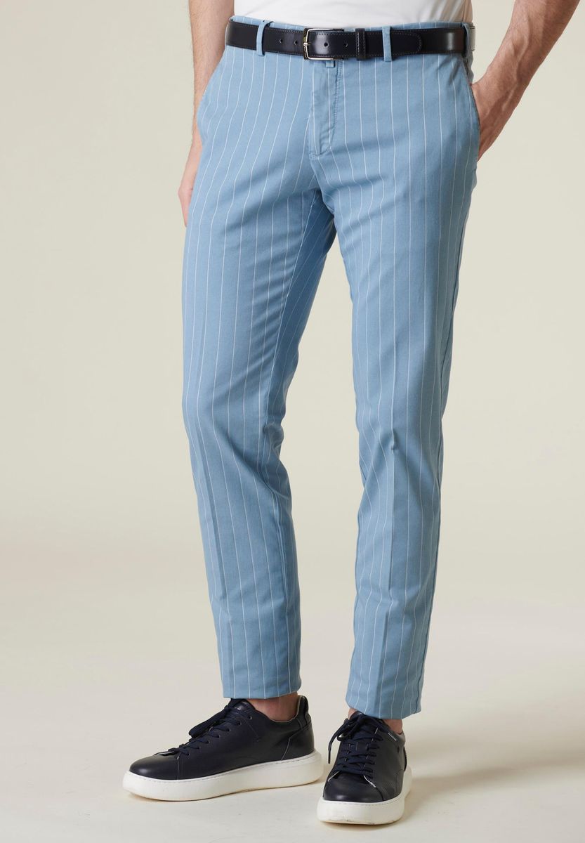 Angelico - Pantalone azzurro gessato cotone stretch slim - 5