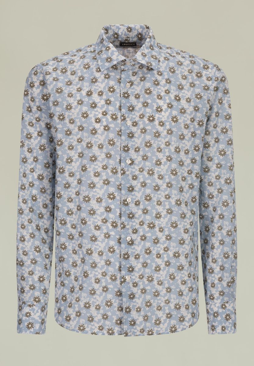 Angelico - Camicia celeste fiori beige lino-cotone custom - 1