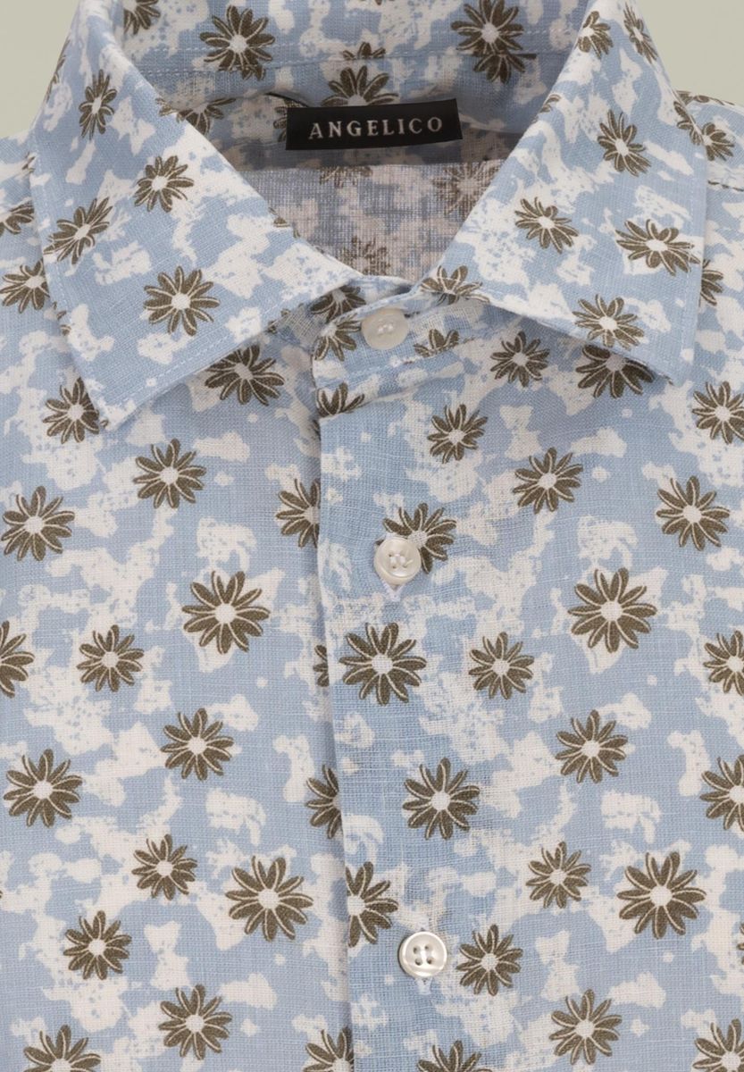 Angelico - Camicia celeste fiori beige lino-cotone custom - 2