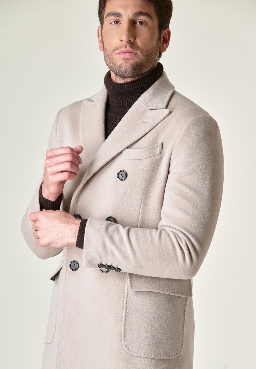 Cappotto naturale doppiopetto tasche applicate lana-cashmere