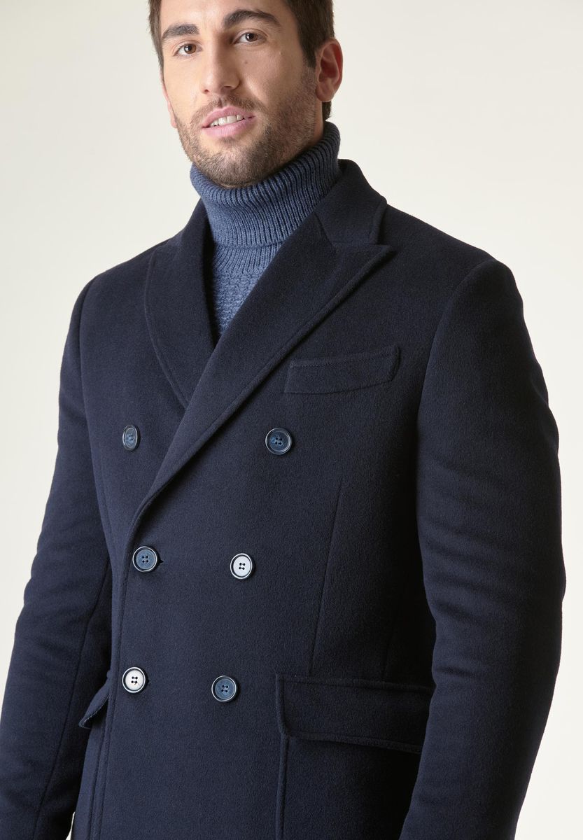 Cappotto blu doppiopetto tasche applicate lana-cashmere