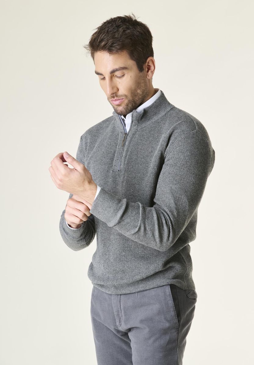 Lupetto zip grigio costa fine misto lana-cashmere