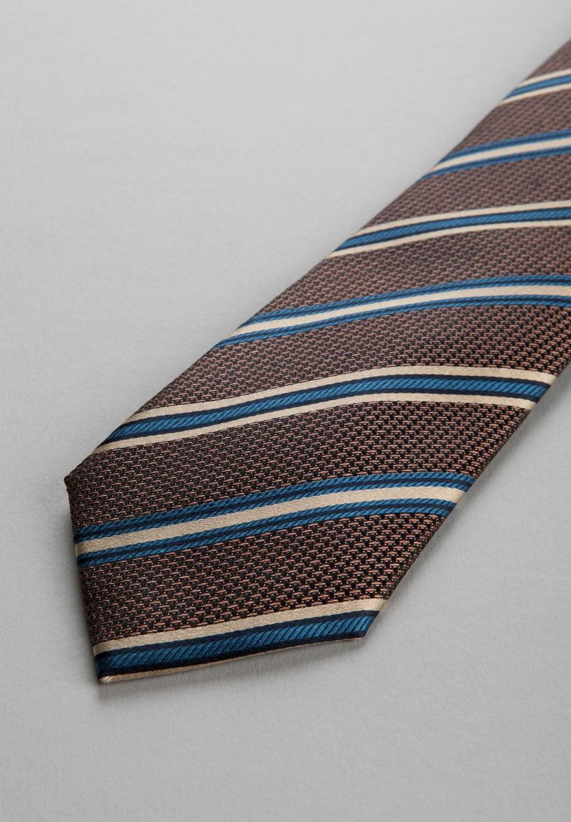 Cravatta rigata bruciato-beige-blu seta