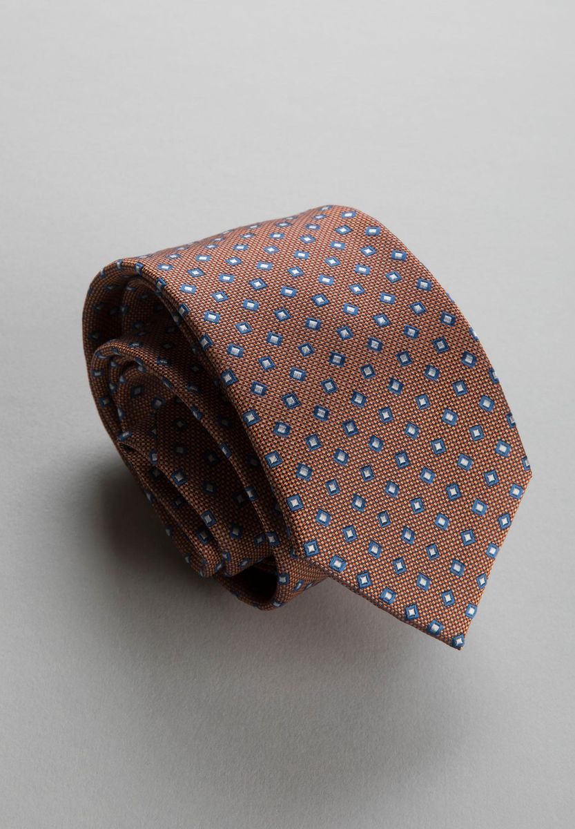 Cravatta arancione quadretti blu-perla seta