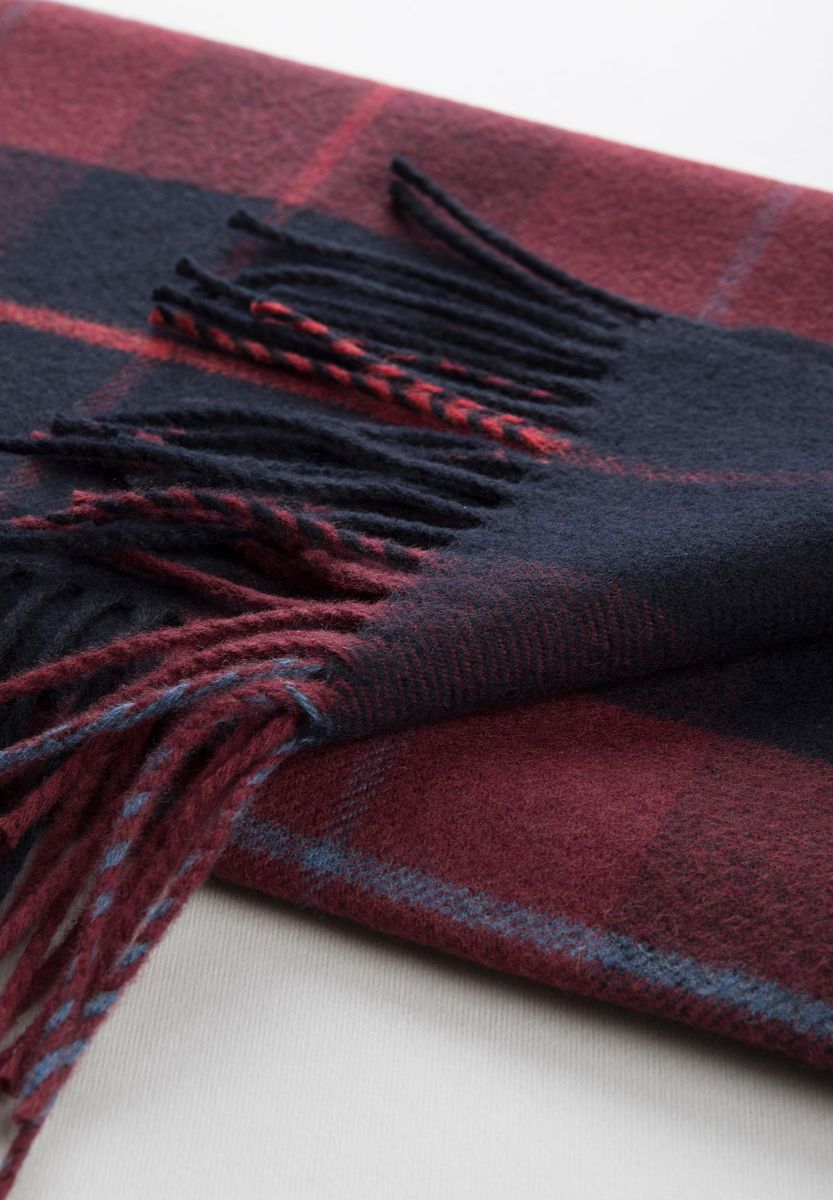 Sciarpa rosso-blu quadri lana frange