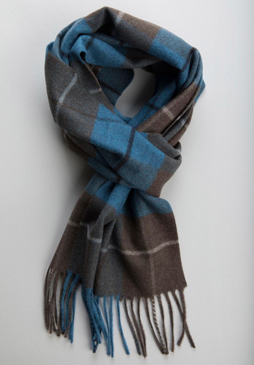 Sciarpa grigio-azzurra quadri lana frange